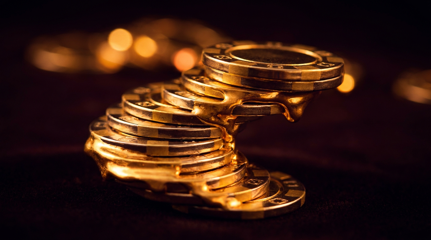 Stack of golden casino chips glowing in warm light