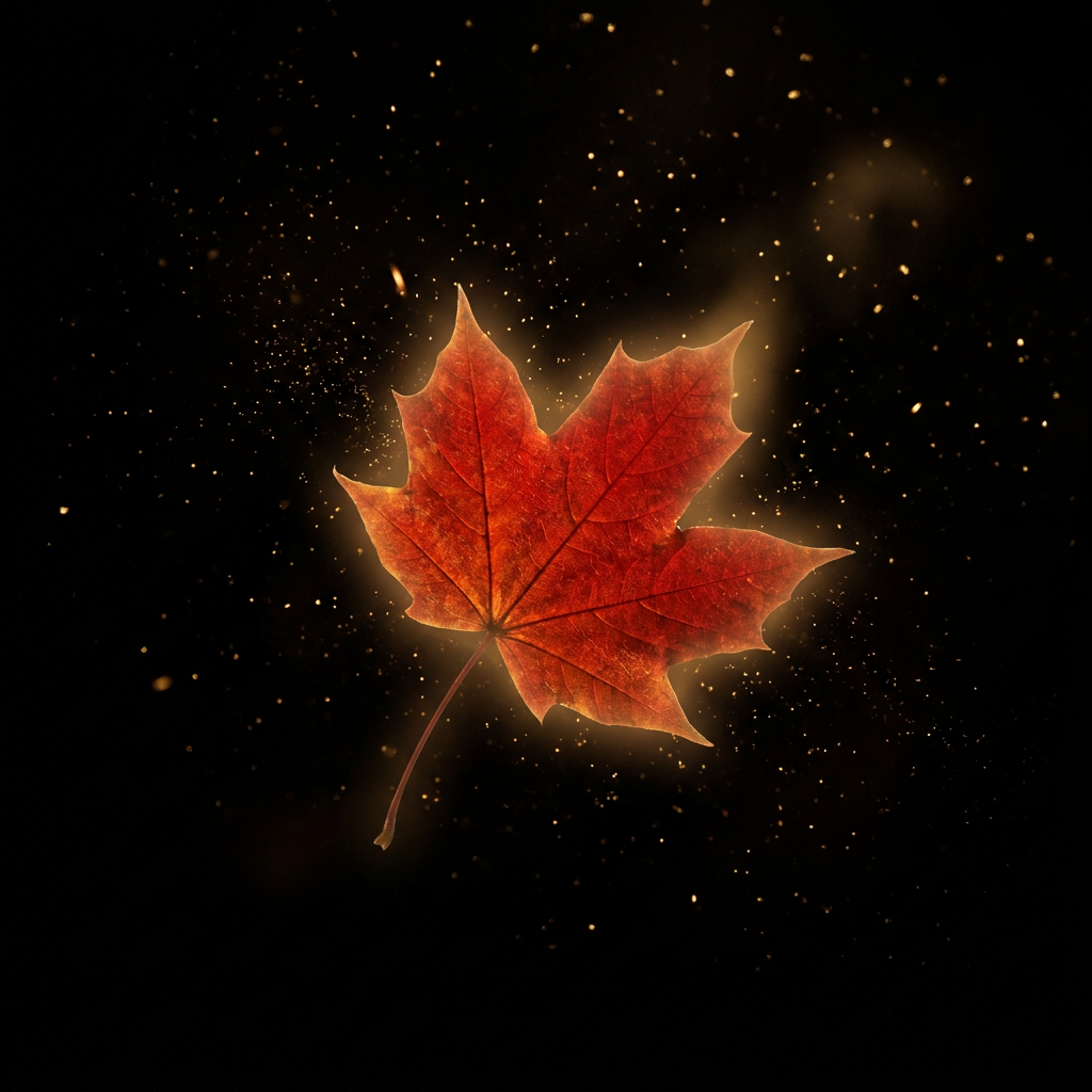 Glowing red maple leaf on a dark background