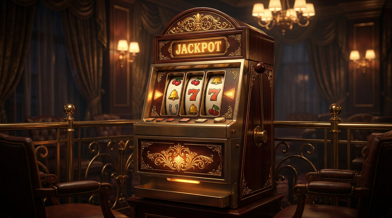 Maple Riches slot machine with golden details on a dark wood cabinet